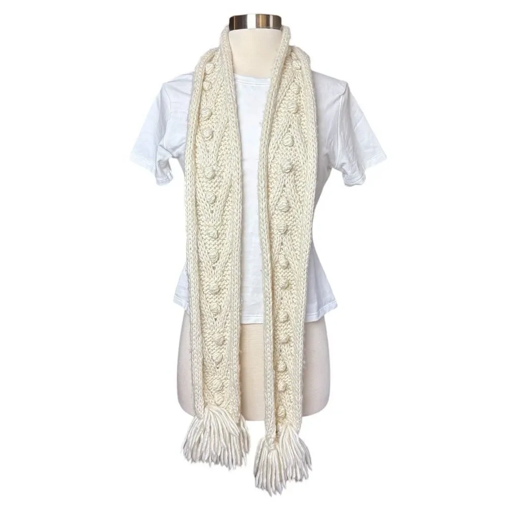 Vintage Y2K Abercrombie Cream Wool Blend Long Scarf Pom Pom & Fringe Details